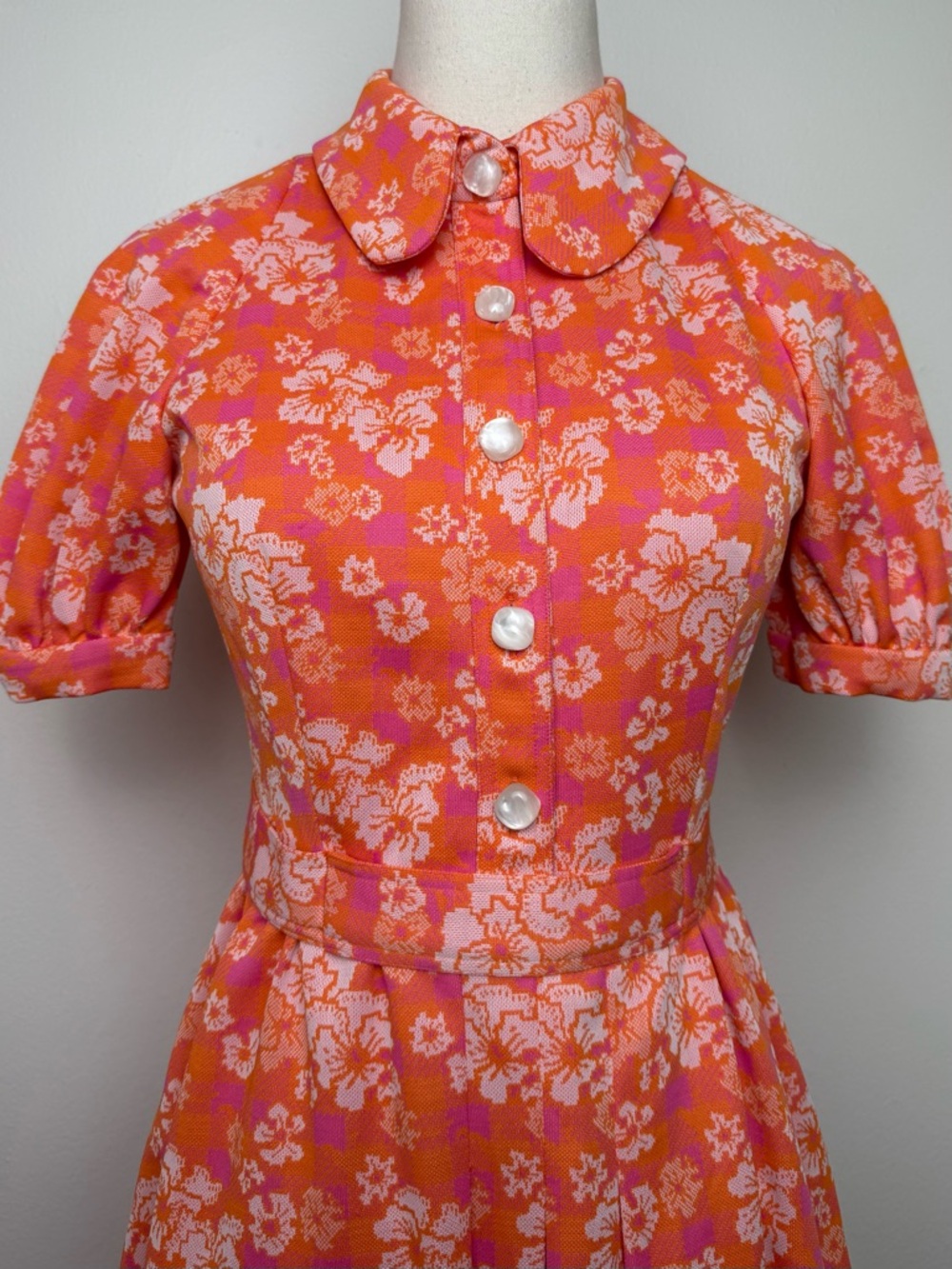 True Vintage Orange Pink White Floral Puff Sleeve Collar Mini Dress Small - Picture 2 of 10
